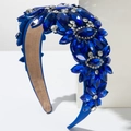 Baroque padded headband with blue and white crystals on a luxury wide velvet base - Blue