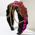 Baroque black woven headband with pink crystals and gold chain tassels for elegant parties - Rose Red