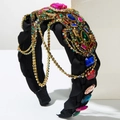 Baroque style woven headband with colorful gemstones and dangling gold fringe chains - Colorful