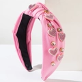Diadema anudada rosa con cristales en forma de corazón y pedrería para mujeres - Rosa
