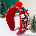 Detail of red and green plaid Christmas headband with festive pom pom and ornaments - Red Big Snowflake