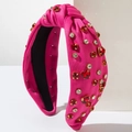 Cerchietto largo annodato color rosa con cristalli a cuore e montatura in oro - Rosa Rosso