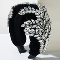 Diadema de lujo en terciopelo negro con hojas de membrillo de cristal brillante - Blanco