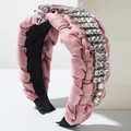 Detail of pink satin braided headband with sparkling rhinestone fringe and non-slip lining - Pink