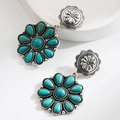Vintage bohemian turquoise earrings with hollowed-out leopard print leather and silver finish - Double Layer Sunflower Style