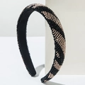 Detail showing diagonal champagne and black seed beads on a padded headband surface - Black Gold
