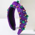 Purple knot headband for women featuring green faux pearls and yellow rhinestones - Purple