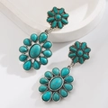 Vintage western leopard turquoise floral leather earrings for women with bohemian style - Two Flowers