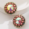 Vintage western style round turquoise stud earrings with AB rhinestones and gold finish - Pink