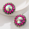 Detail of bohemian round stud earrings with AB rhinestone and pink bead embroidery - Rose Gold