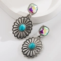 Vintage western style teardrop turquoise and rhinestone dangle earrings in silver finish - Sunflower Turquoise Stone Style / Antique Silver