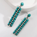 Pendientes largos vintage con turquesa y pedrería en acabado de plata antigua - Estilo Largo de Parte Superior Redonda / Verde Turquesa