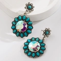 Vintage boheemse turquoise zonnebloem oorbellen met een schitterende AB-strass - Zilveren Basis Zonnebloem Stijl / Groene Bloem