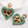Boucles d'oreilles cœur léopard vintage avec perles vertes et cristaux dorés - Style Coeur Léopard / Vert