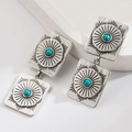 Vintage western turquoise earrings with retro silver layered square and sunburst patterns - Turquoise Square