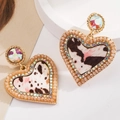 Boucles d'oreilles cœur vintage en or avec cuir léopard et accents en cristal arc-en-ciel - Style Cœur Texture Vache / Marron