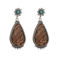 Bohemian retro leopard leather drop earrings with turquoise stud and silver frame - Brown