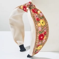 Serre-tête à nœud brodé beige avec paillettes et motifs floraux colorés élégants - Rouge