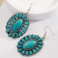 Bohemian turquoise drop earrings featuring silver metal sunburst floral design - Turquoise Small Oval