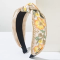 Serre-tête large brodé de luxe avec motifs floraux colorés et tissu en maille satinée - Jaune