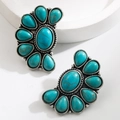 Detail of vintage turquoise fan earrings with bohemian floral motifs and silver finish - Fan Shaped (Z1998-B) / Blue