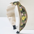 Serre-tête large brodé de fleurs roses et paillettes dorées sur tissu beige - Noir