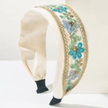 Elegante geborduurde haarband in gebroken wit met blauwe bloemen en goud kant - Blauw