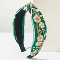 Diadema con nudo verde y bordado floral con lentejuelas doradas estilo boho - Verde