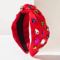 Diadema de satén rojo con nudo y diamantes de imitación de colores sobre soporte blanco - Rojo