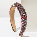 Detail of wide headband featuring colorful crushed stones, shell pieces and rhinestones - Colorful
