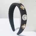 Elegante cerchietto spesso in raso nero con perle e strass su una base di pietra - Nero