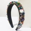 Detail of luxury baroque headband featuring colorful crystals and hand-sewn beads - Colorful