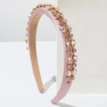 Pink satin headband with sparkling rhinestones and gold metal claw settings - Pink