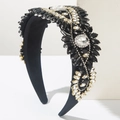 Ornate Baroque black velvet headband with sparkling crystal floral embroidery - Black