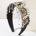 Cerchietto imbottito barocco con cristalli scintillanti e frange di strass - Nero