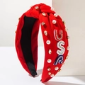 Red knotted headband with USA hand-beaded letters, pearls and rhinestones for festivals - USA Red