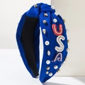Royal blue knotted headband with USA beadwork, pearls and rhinestones for July 4th - USA Blue