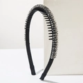 Elegante cerchietto antiscivolo in cristallo con tessuto nero e file di perle grigie - Grigio