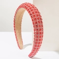 Detailed side view of luxury red rhinestone headband with silver beaded lattice pattern - Red