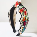 Ethnic style wide headband with colorful floral embroidery and white lace knotted design - Black Blue