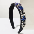 Detail of handmade baroque headband with colorful rhinestones on black satin fabric - Blue