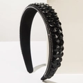 Detail of baroque black crystal headband with silver beaded chain edge on white stand - Black