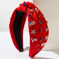 Red knotted headband with USA flag charms, colorful beads and jeweled star details - Pentagram