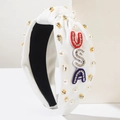 White knotted USA headband with hand-sewn beads, pearls and crystals for Independence Day - USA White