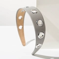 Gray leather wide headband with silver metal eyelets in a modern hip-hop fashion style - Gray