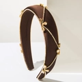 Detail of a brown satin headband with sparkling white diamonds and amber droplets - Dark Coffee