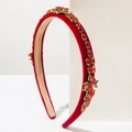 Detailed macro view of luxury red velvet headband featuring gold insect crystal ornaments - Red
