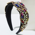 Luxury Baroque wide headband featuring multicolored glass rhinestones on black fabric - Colorful