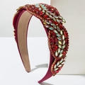 Baroque style wide headband with burgundy rhinestones and crystals on satin base - Red