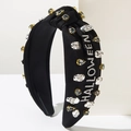 Halloween Haarreif mit Totenkopfmotiven, Strasssteinen und funkelndem HALLOWEEN Schriftzug - Schwarz